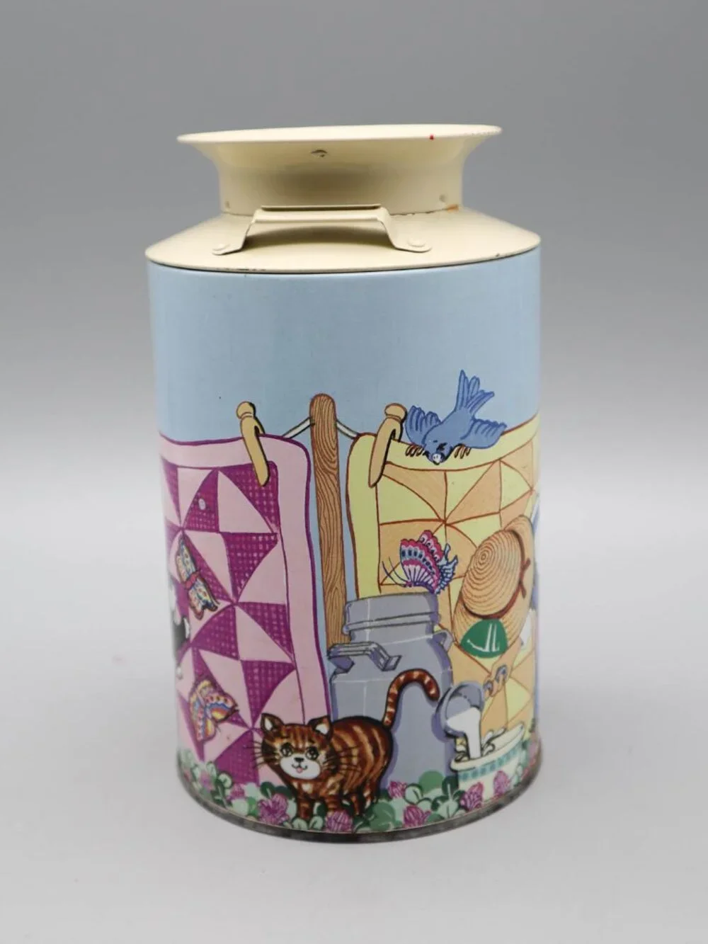 Vtg Milk Jug Storage Canister Tin Cats & Quilt Design 7